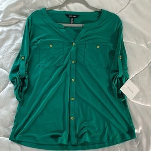 Ellen Tracy Palm Blouse with Gold Buttons